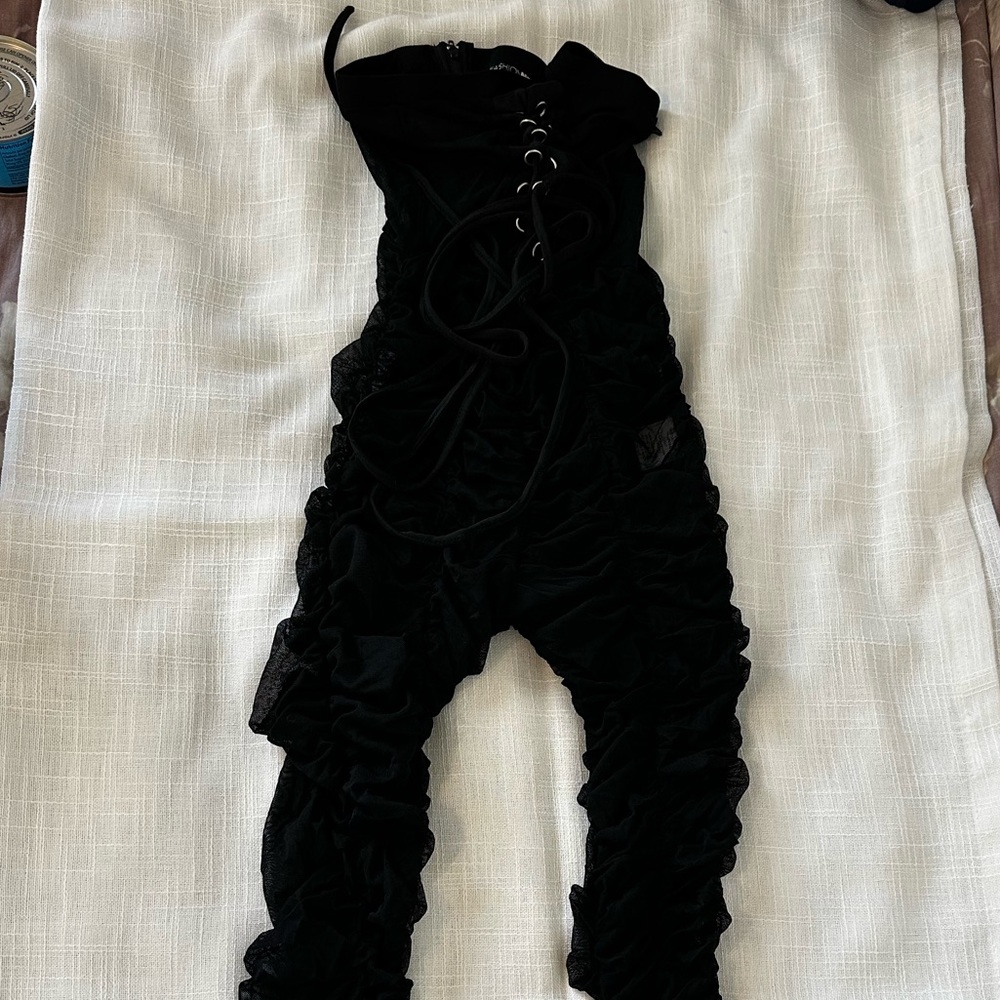 Fashion Nova Black Ruched Lace-Up Jumpsuit